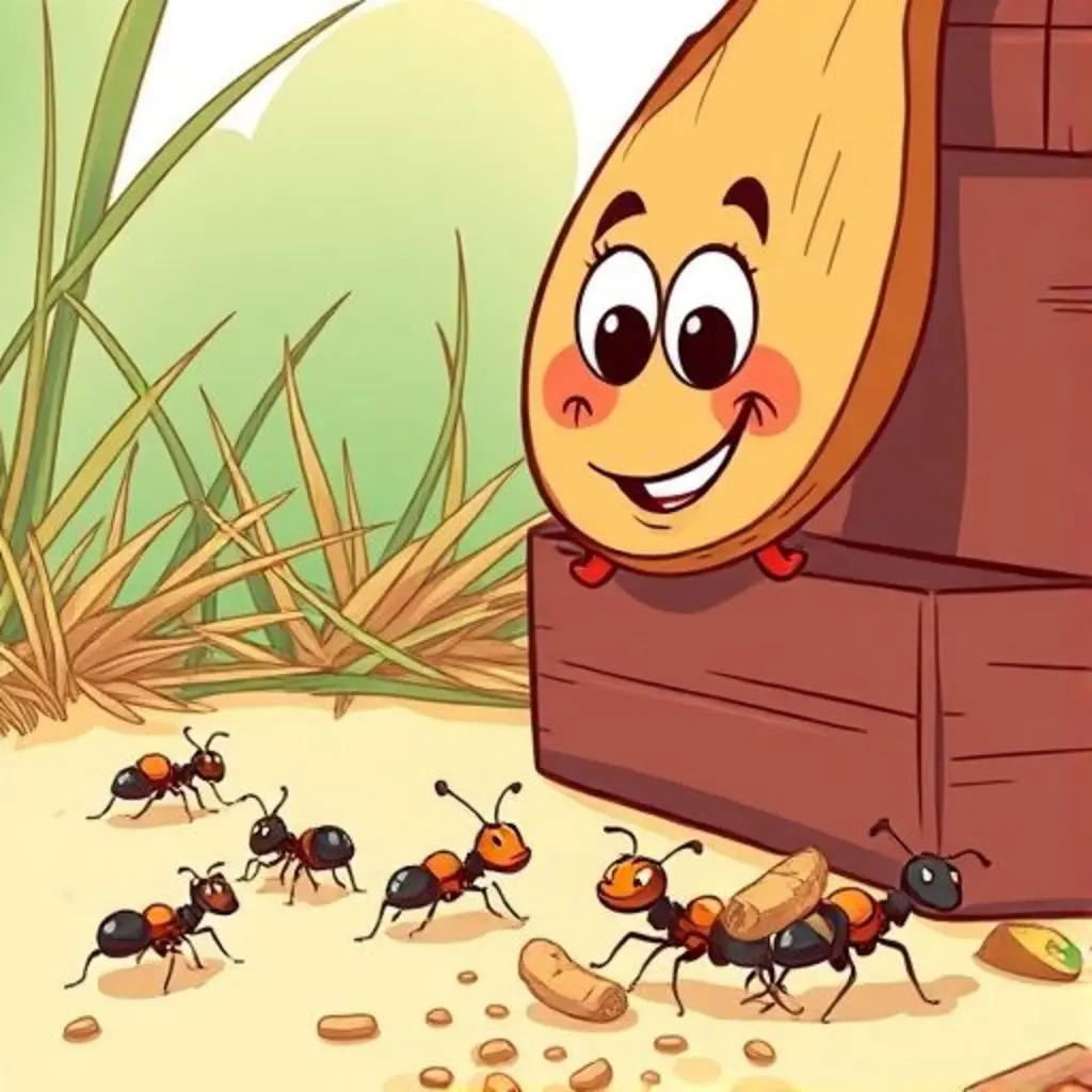 Palito hace chasquidos mientras hormigas confusas intentan llevar migas.