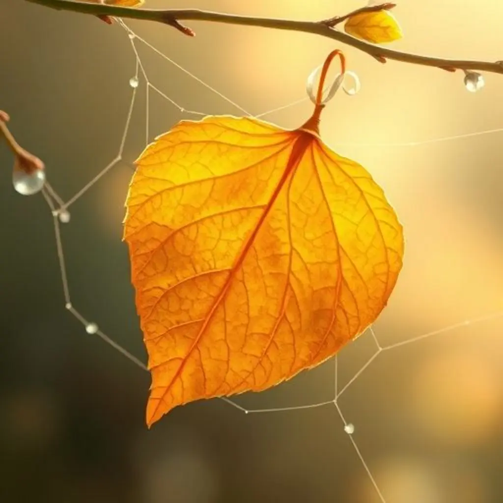 Hoja Melodía, una hoja dorada, aterriza suavemente en una telaraña brillante.
