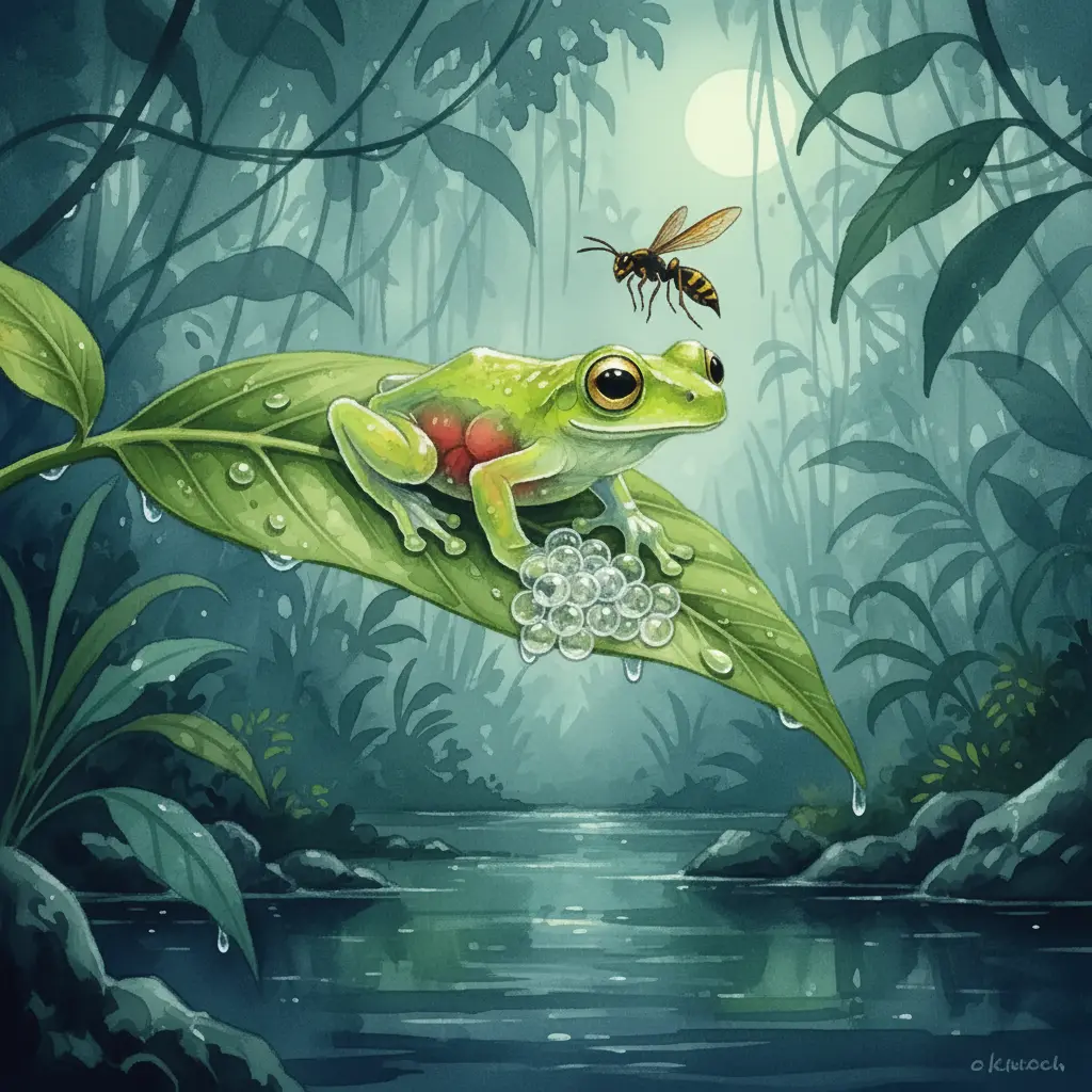 La rana protege sus huevos en la hoja mientras una avispa vuela cerca.