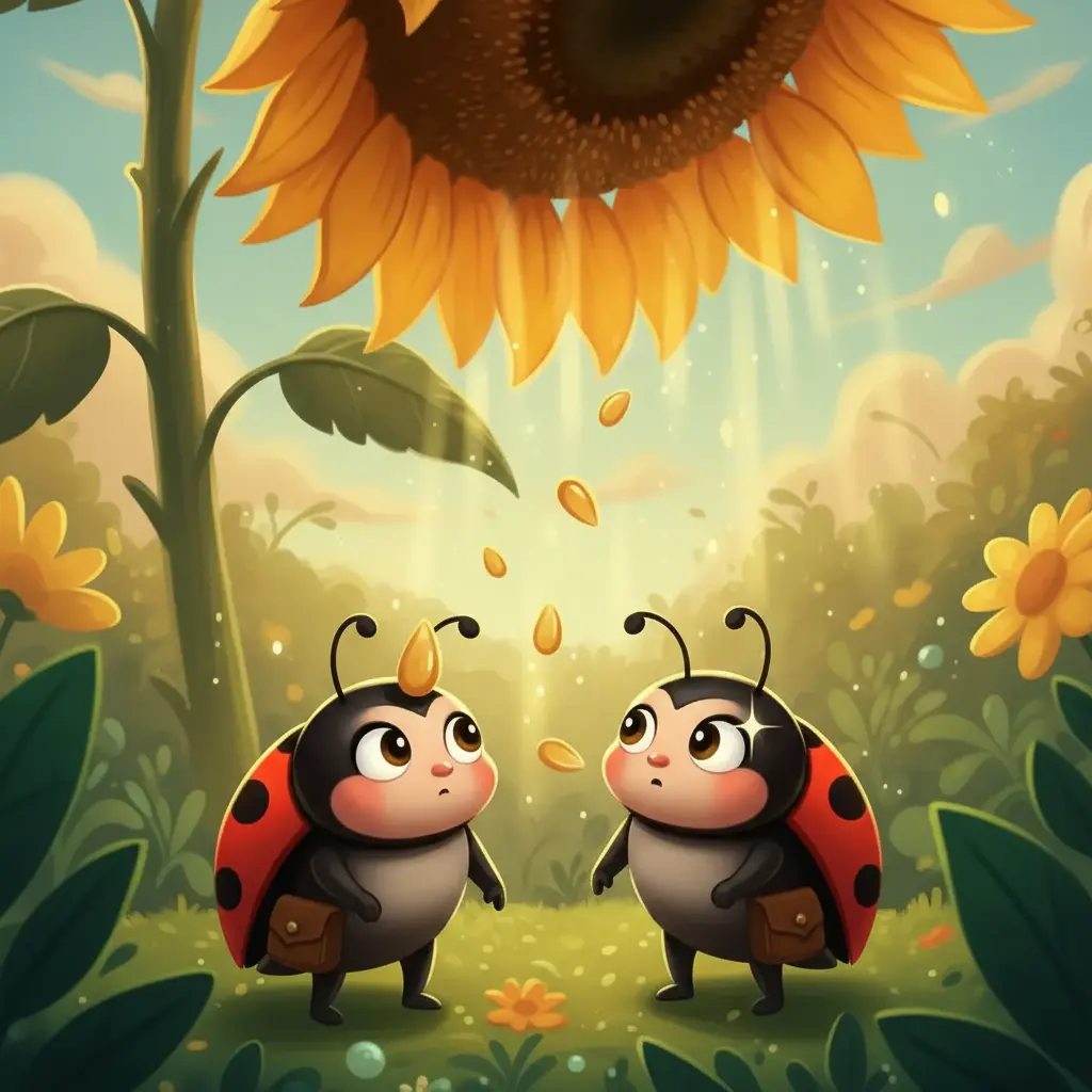 Una mariquita descubre una semilla pegada a su caparazón tras un suave viento.