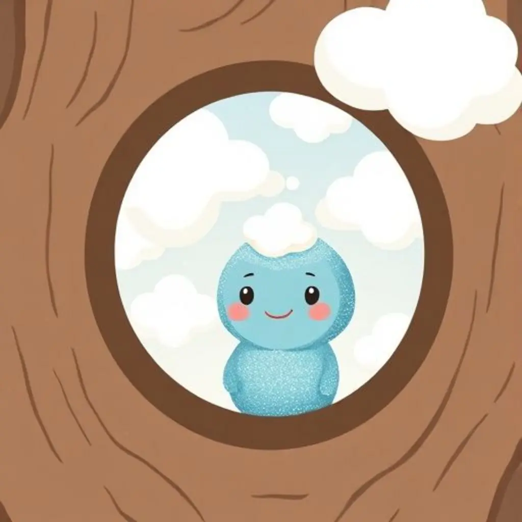 Kipu, un tubito de pintura azul, mirando las nubes desde su casa del árbol.