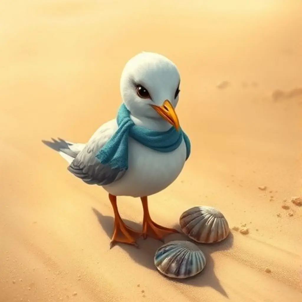 Tina la gaviota curiosa recogiendo conchas en la playa.