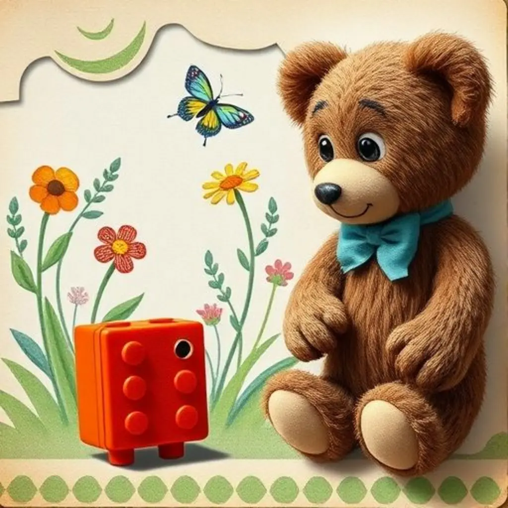 Bloque y Osito Sabio exploran juntos un dibujo de jardín que ha cobrado vida, con flores que se balancean y una mariposa volando.