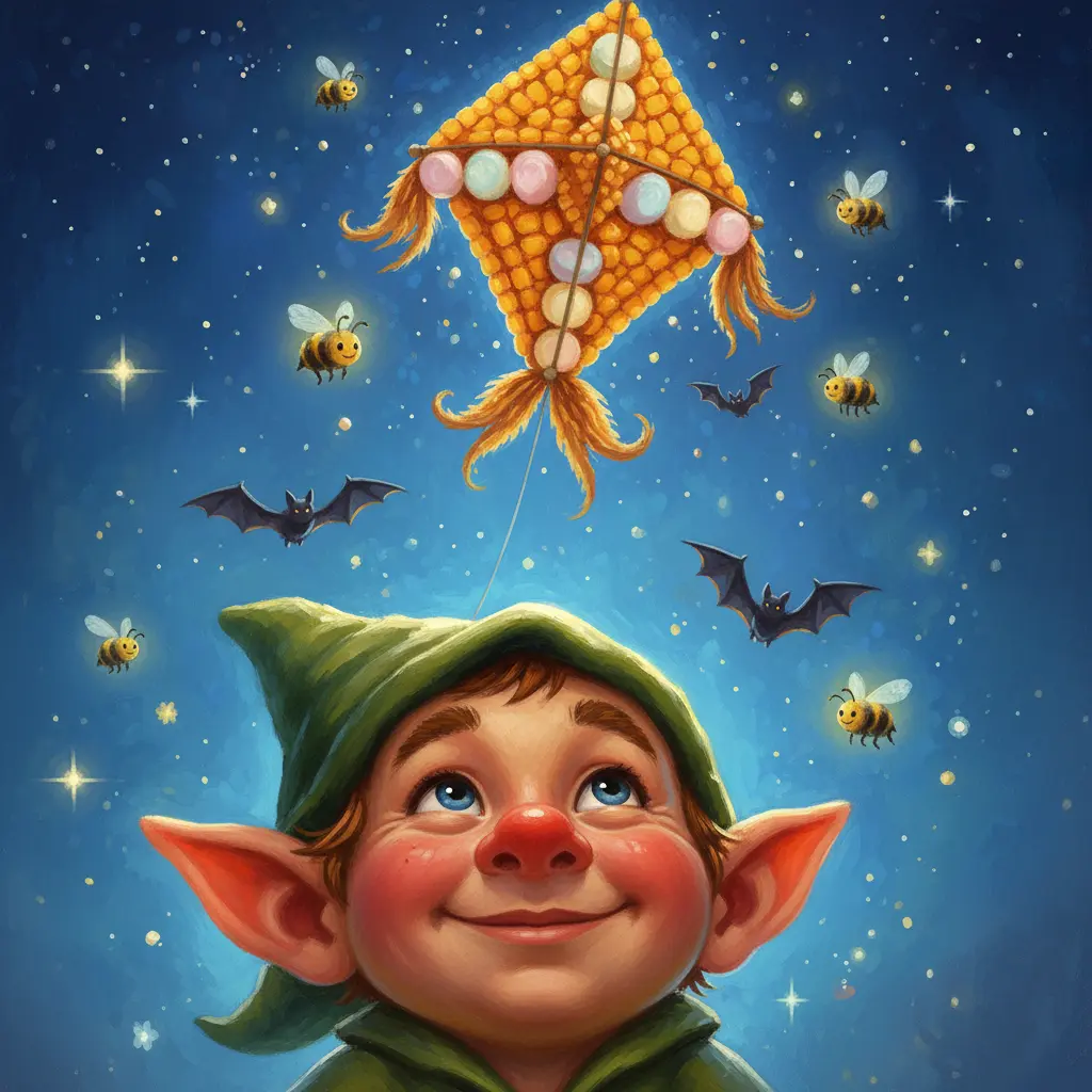 Zippy sonríe feliz bajo un cielo estrellado, mientras su cometa vuela alto, rodeada de abejas y murciélagos que la ayudan a ganar la carrera.