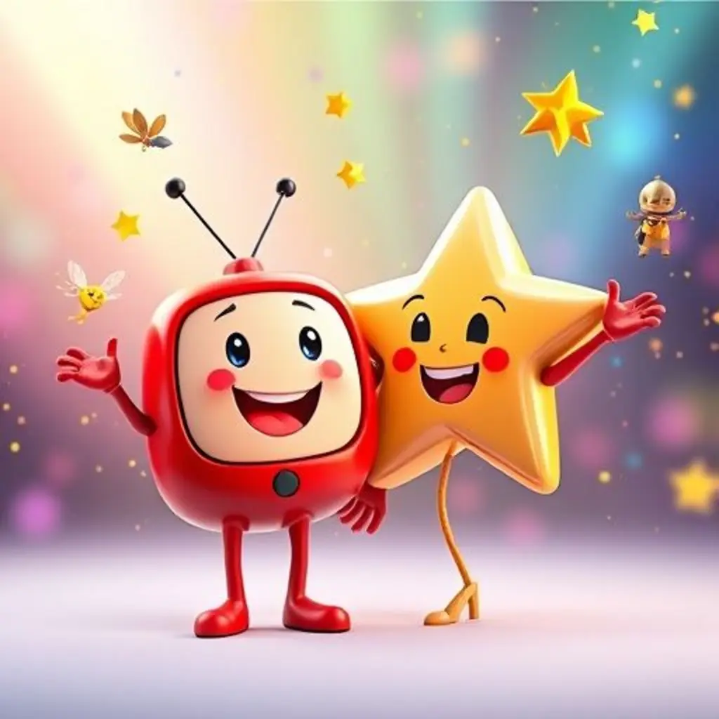 Canal y la estrellita bailan felices entre colores y figuras de cuentos, celebrando su amistad y valentía.