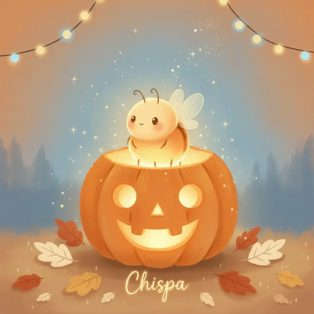 Chispa, una pequeña luciérnaga, dentro de una calabaza de Halloween.