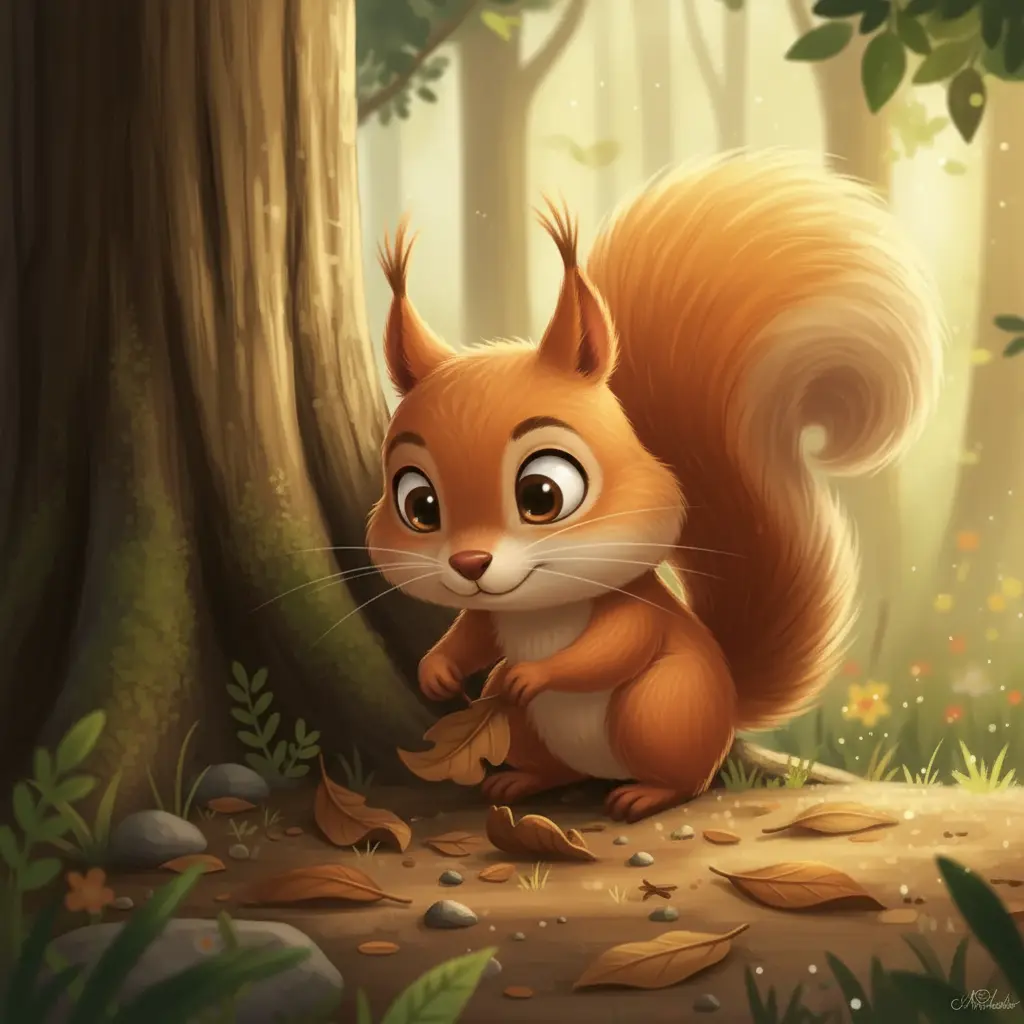 La ardilla Colita-Peluda olfatea el suelo del bosque buscando una nuez.