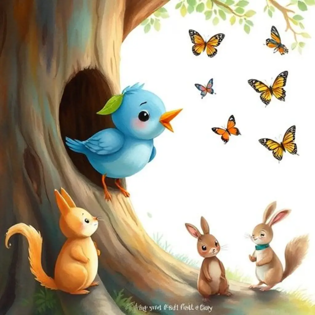 Una ardilla, dos conejos y tres mariposas escuchando la música que sale del árbol.