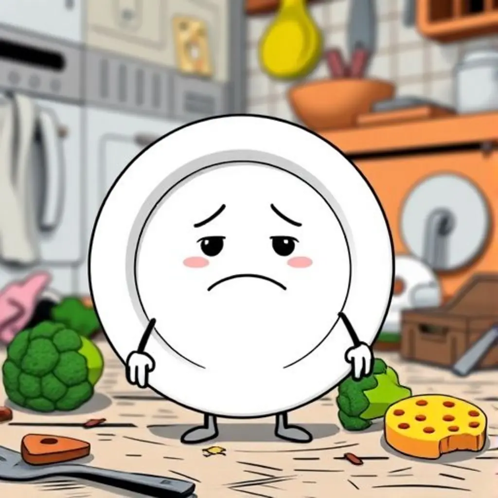 Banquete, un platito de juguete blanco, se siente triste y solo en una cocina de juego desordenada.