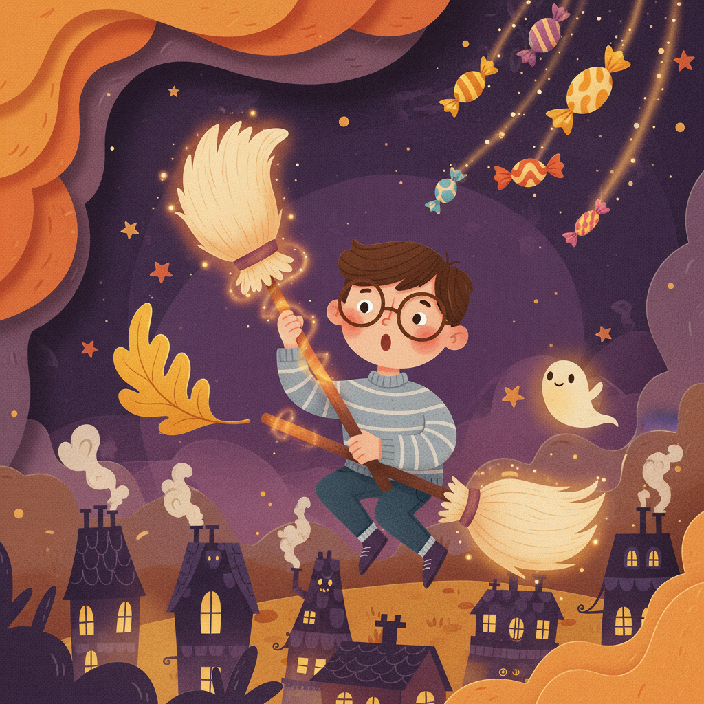 Nico y Turboseta persiguen una hoja dorada sobre un pueblo de Halloween mientras caen dulces de las alturas, brillando bajo la luna.