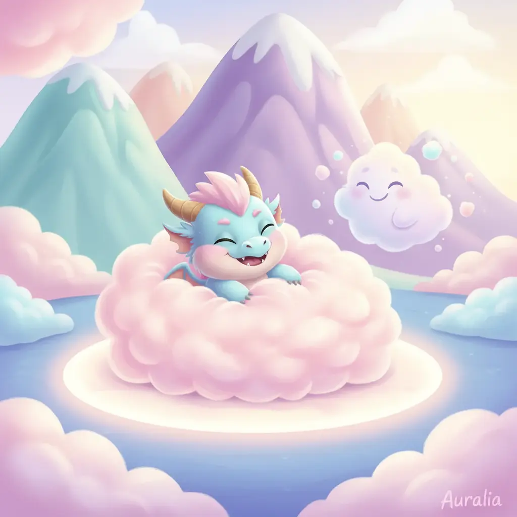 Chispita, el dragón bebé, salta feliz sobre su nube de algodón de azúcar recuperada, que ahora descansa en una plataforma suave. El espíritu de la niebla lo observa, desvaneciéndose en risitas.