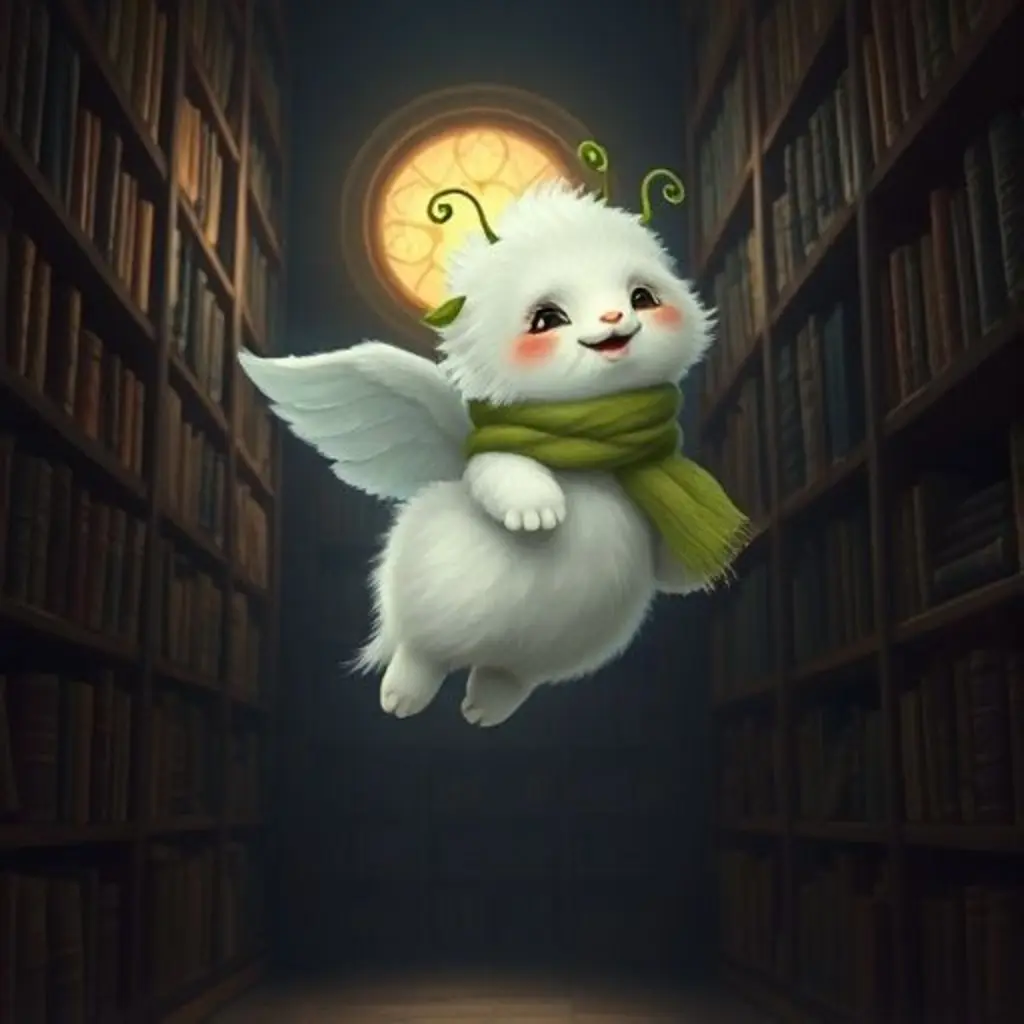 Cieli, la criatura nube, flota con alegría hacia un rincón secreto de la biblioteca.