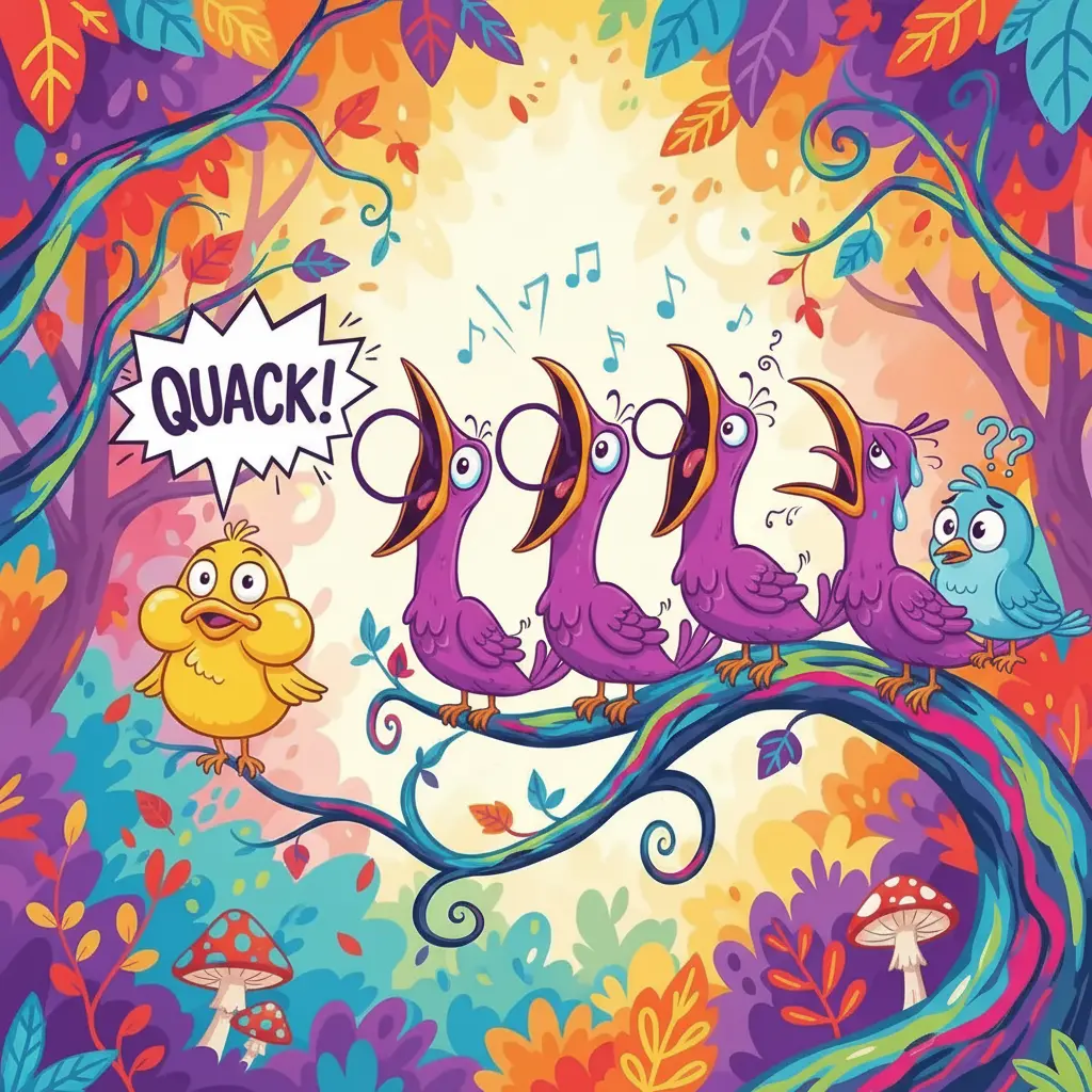 Un grupo de pájaros con expresiones exageradas preparándose para cantar en una rama.