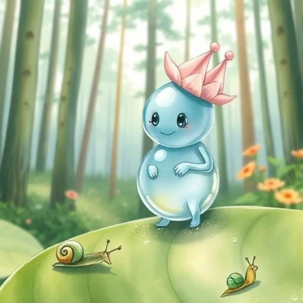 Liko, una gota de rocío brillante con un sombrero de pétalo, rodando cerca de un caracol verde que intenta subir una hoja resbaladiza.