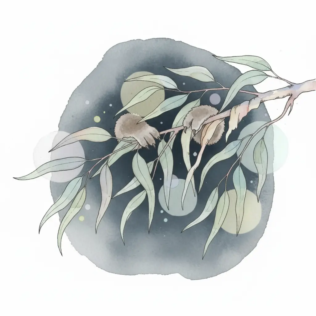 Unas pequeñas patas grises con garras se agarran con fuerza a la rama de un eucalipto.