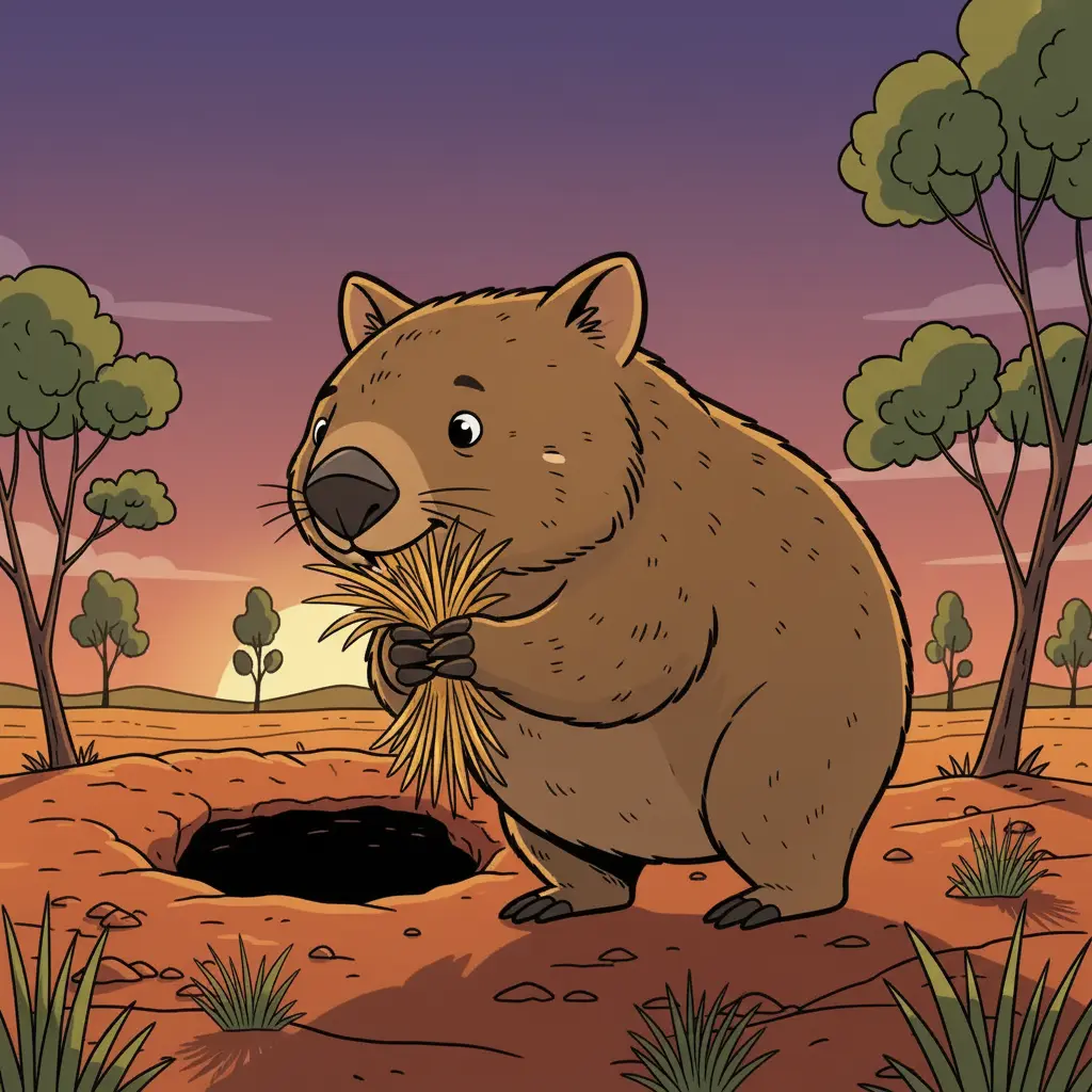 Un vombato de pelaje marrón masticando pasto bajo un cielo de atardecer.