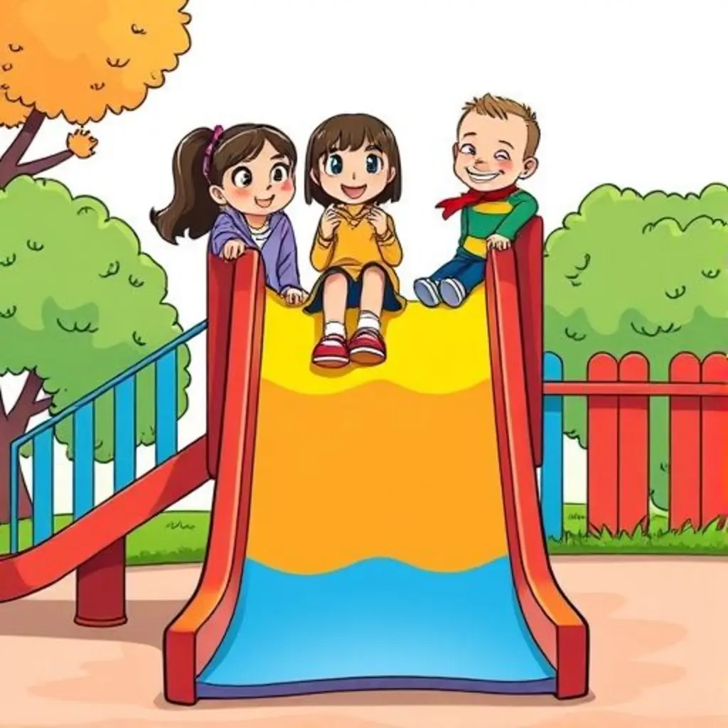 Nara, Florinda y Gus en el tobogán. Nara está nerviosa pero sonríe.