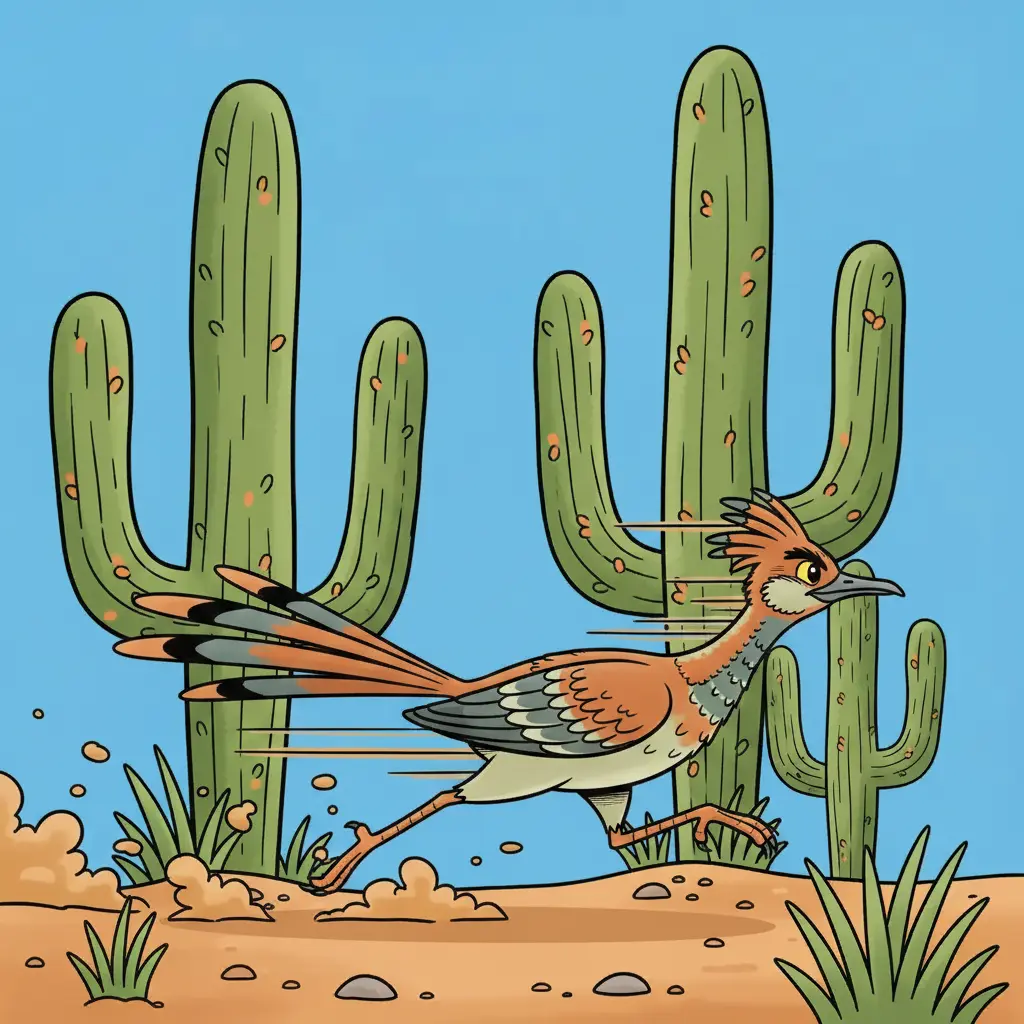 El correcaminos corre a gran velocidad dejando una estela de polvo tras sus patas.