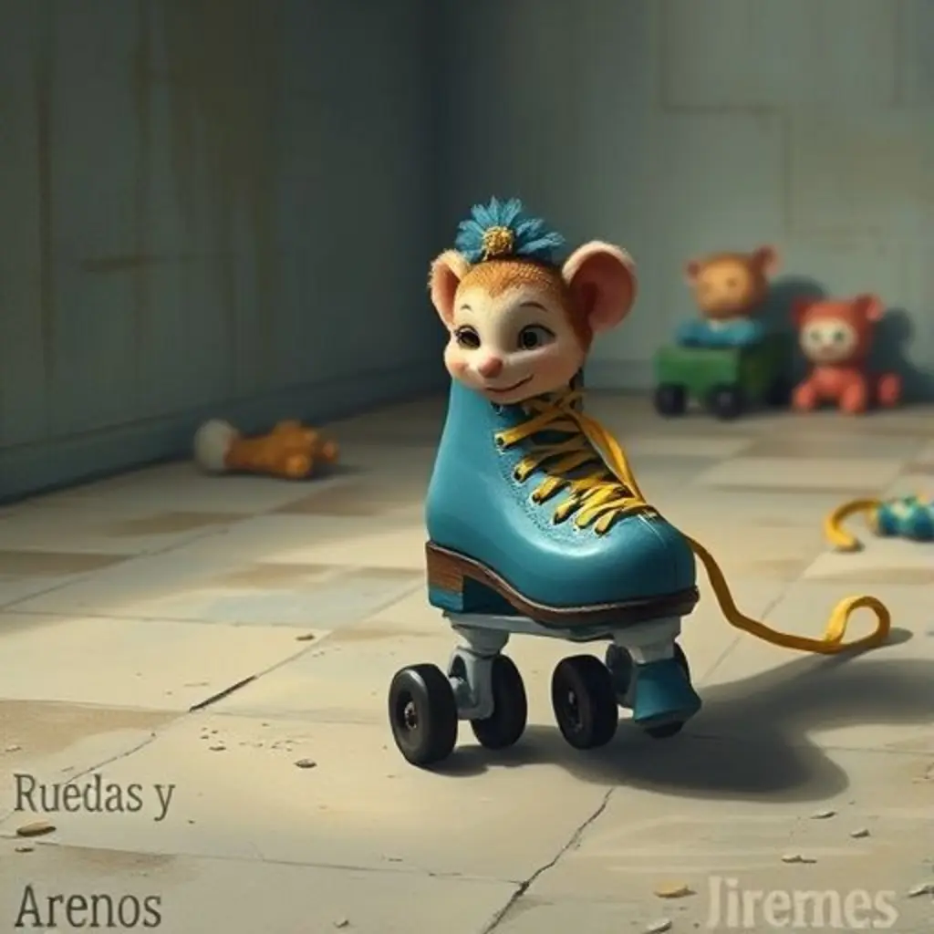 Patines Ruedas y Frenos empujando a Miko, el ratón de peluche, con esfuerzo en el sótano.