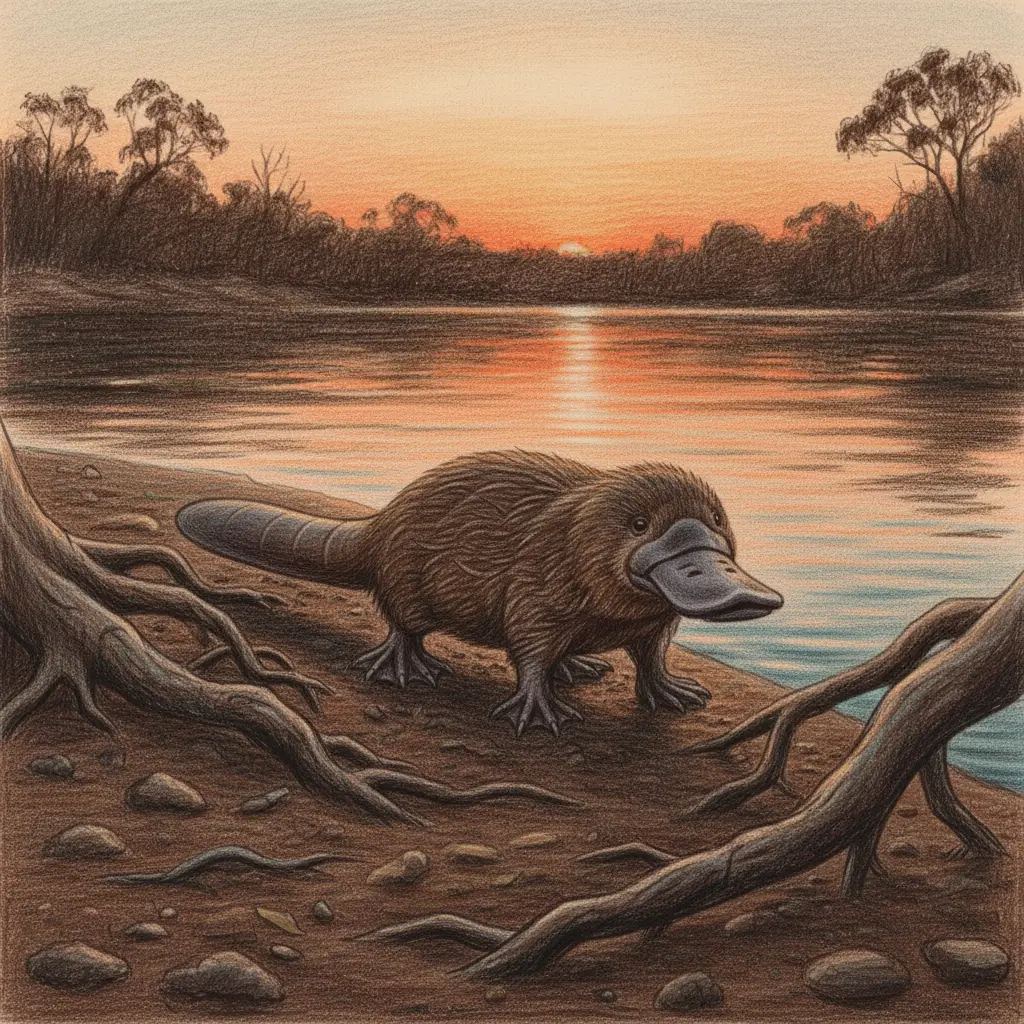 Un ornitorrinco de pelo marrón y pico plano junto a la orilla de un río al atardecer.