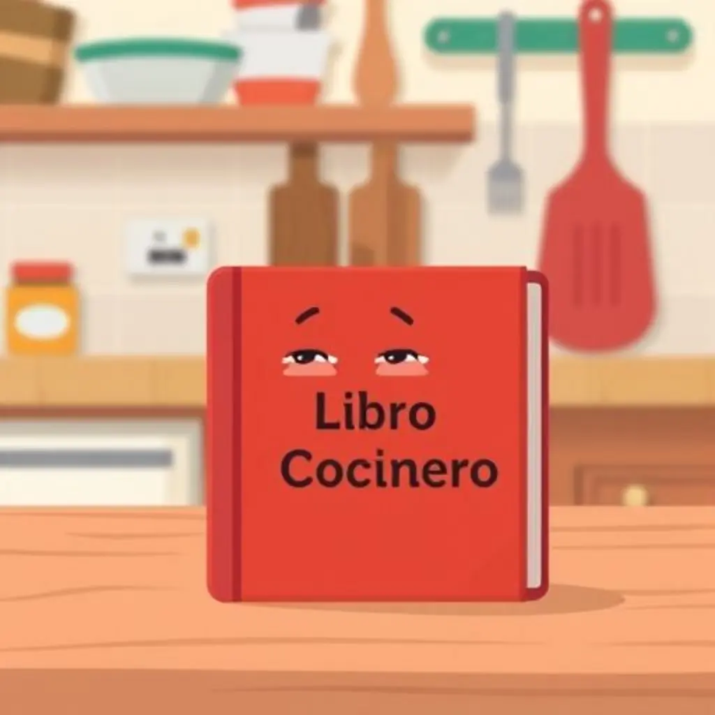 Libro Cocinero, un libro de recetas, se ve aburrido en la cocina.