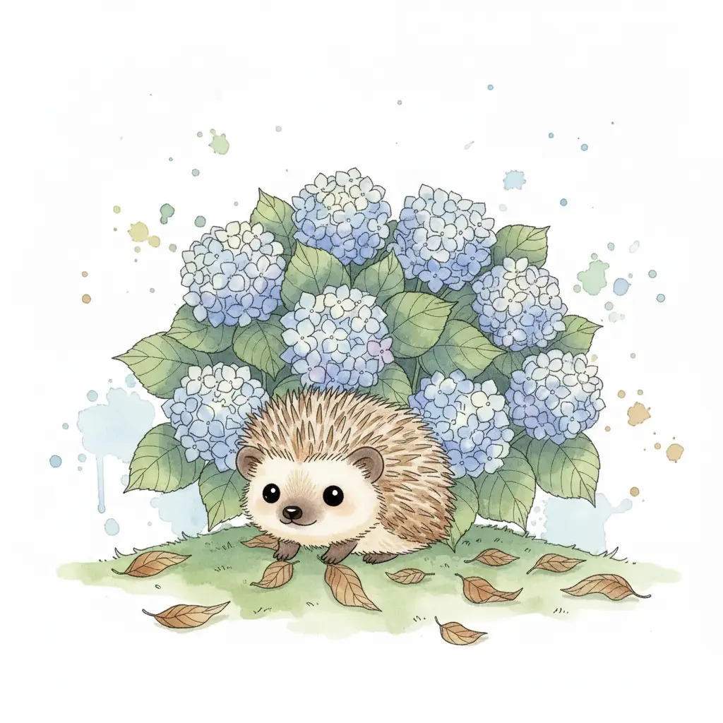 Un tierno erizo completamente visible bajo las flores azules.