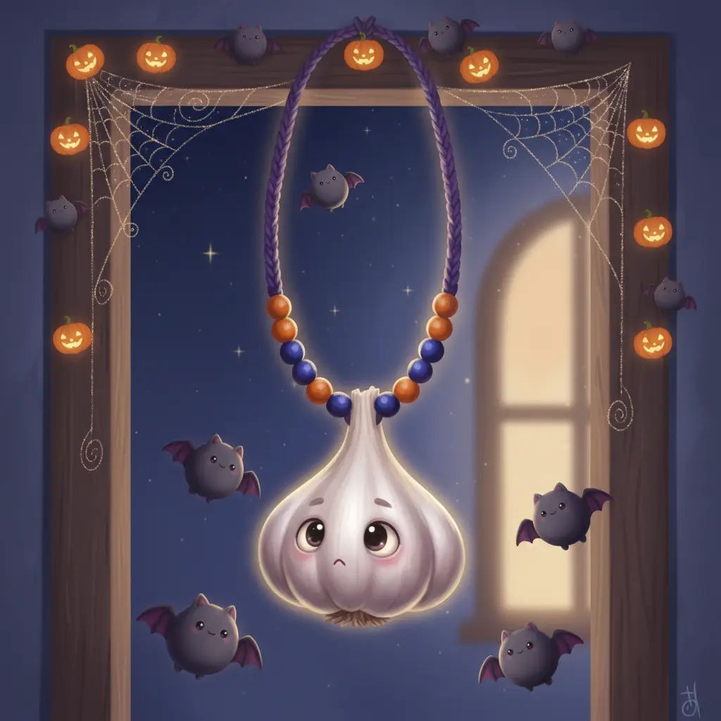 Un collar de ajo con ojos curiosos cuelga aburrido en la noche de Halloween.