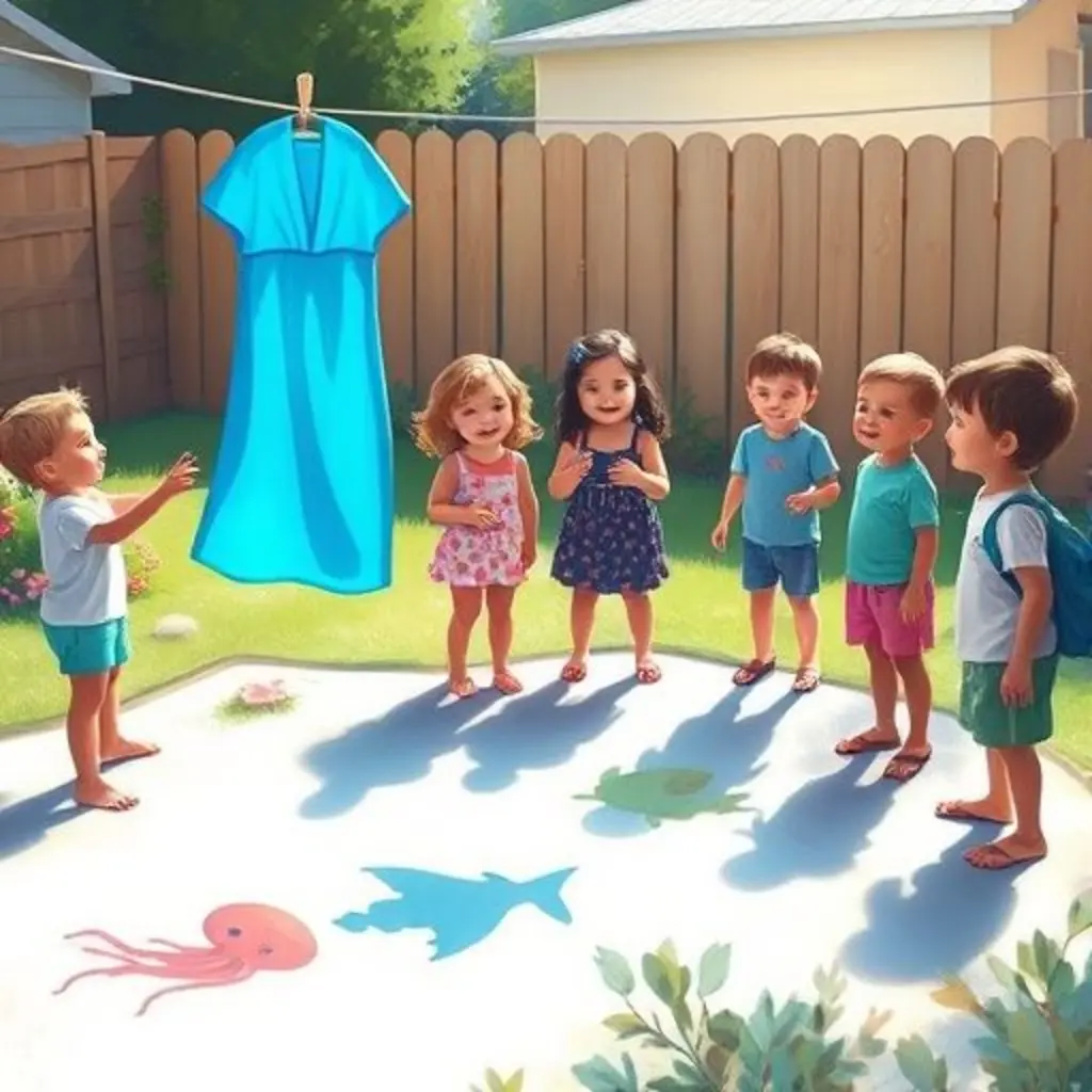 Niños ríen y juegan con las sombras de peces creadas por Oceano en el patio, mostrando su gratitud al gorro azul.