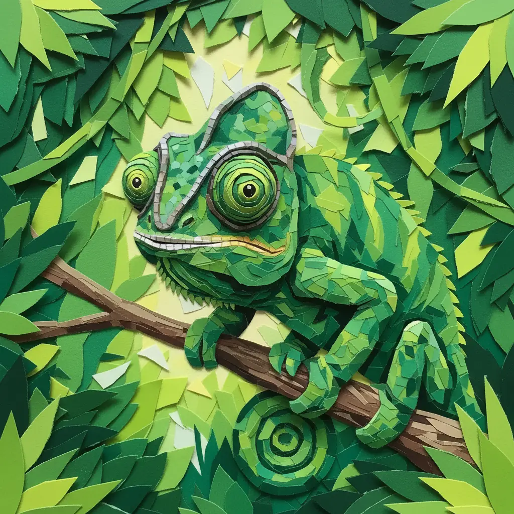 El camaleón descansando en la rama con su cola enrollada, camuflado entre las hojas.