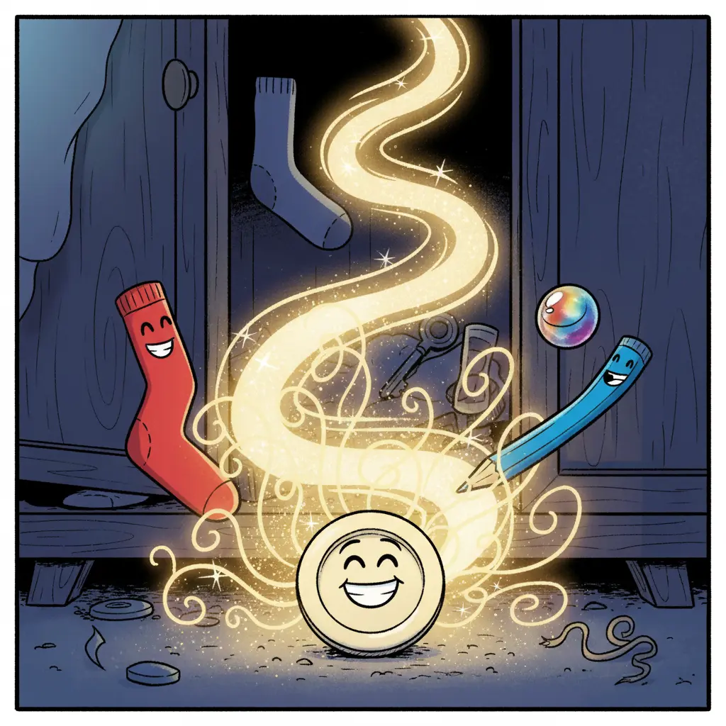 Costura, un botón radiante y confiado, al final de un camino de luz, rodeado de objetos perdidos encontrados.