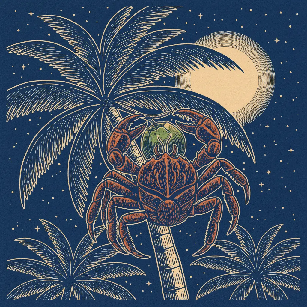 Cangrejo cortando un coco en la cima de una palmera.