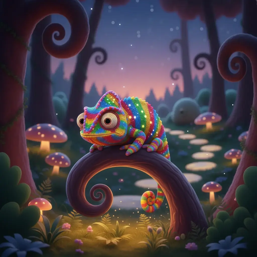 Camilo, el camaleón arcoíris, brillando en la rama de un árbol.