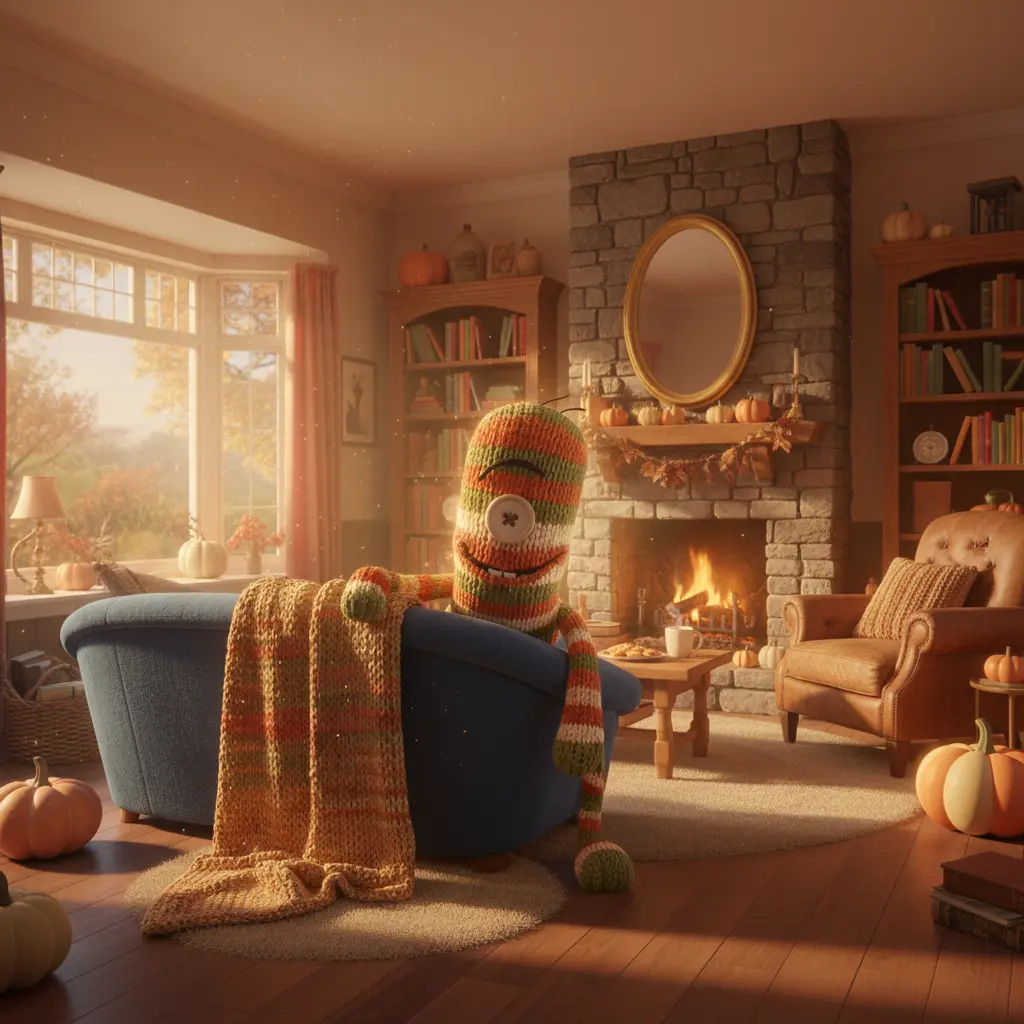 Calcetín Descarado, el calcetín de rayas, asomándose aburrido detrás del sofá en una sala acogedora.
