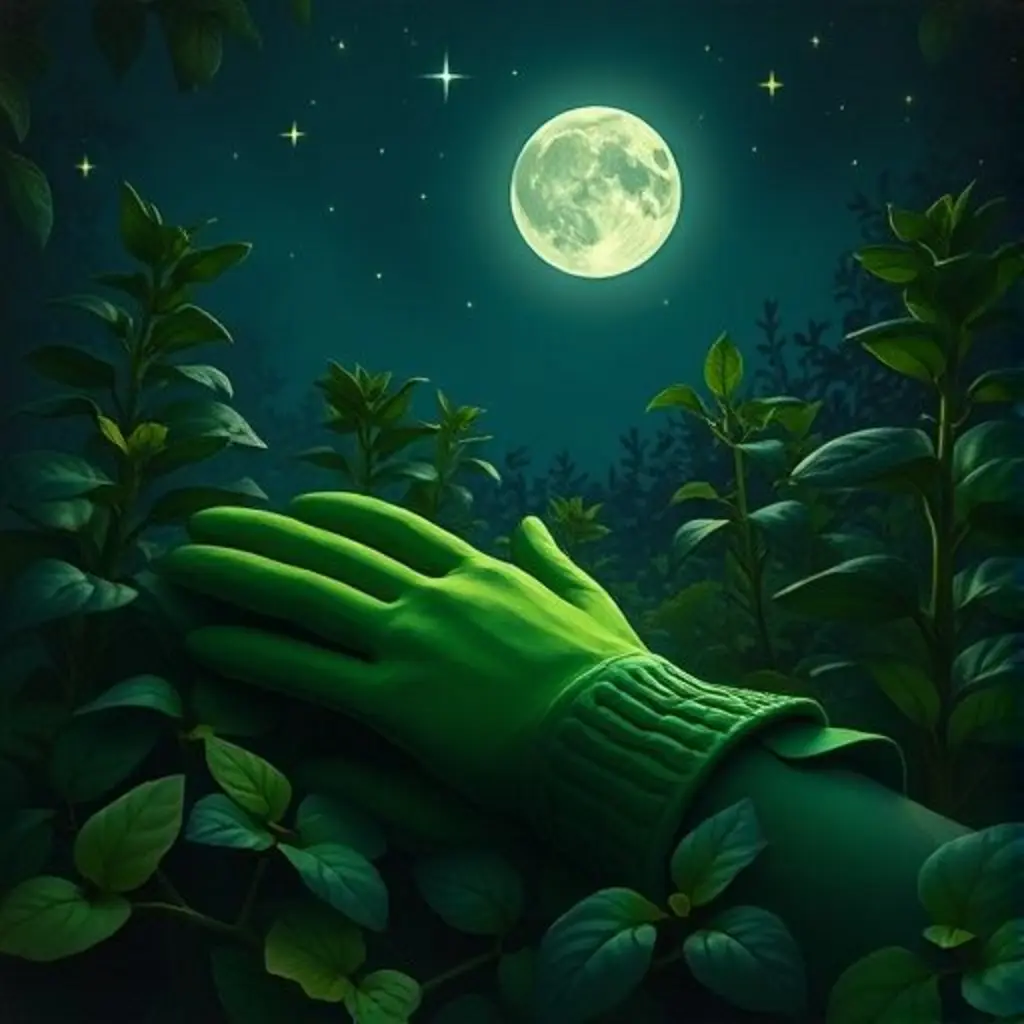 Mano Verde descansa en el jardín nocturno, que brilla suavemente con destellos verdes mágicos.