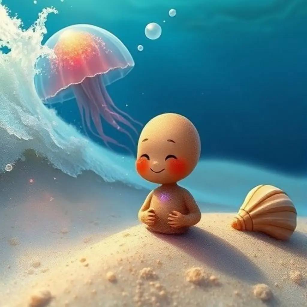 Brillo Arena, ahora multicolor, es arrastrado por una ola cerca de una medusa roncando y una concha observadora.