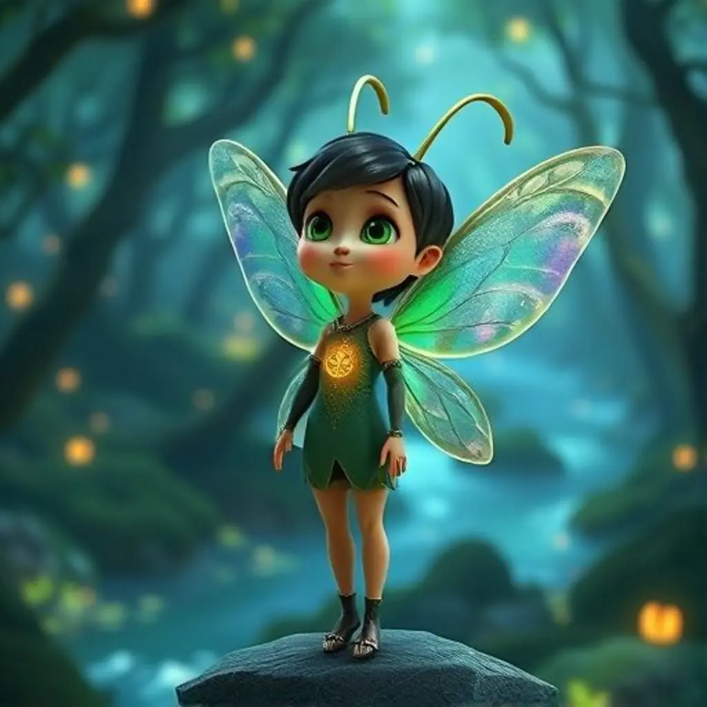 Lumi, una luciérnaga valiente, mira el Bosque Susurrante con determinación.