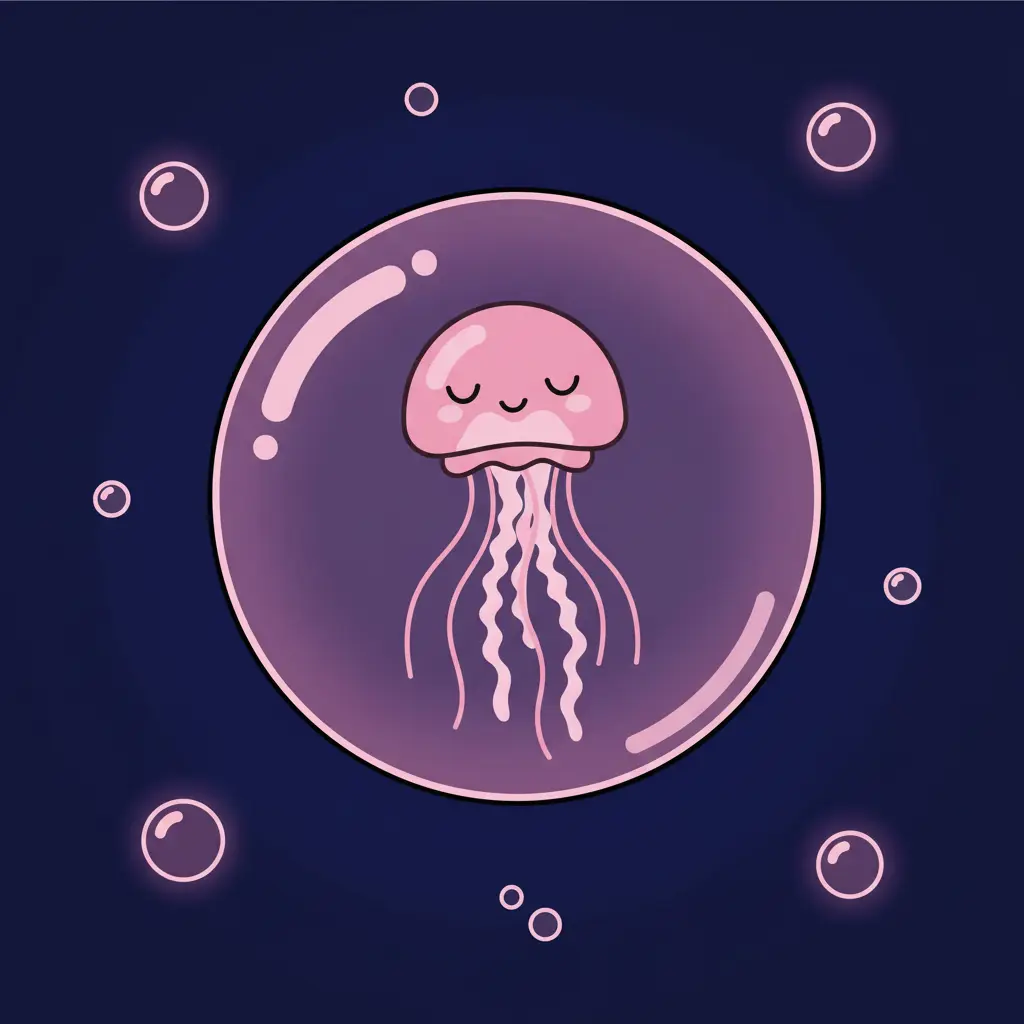 La medusa rosa duerme plácidamente dentro de su burbuja en la penumbra del océano.