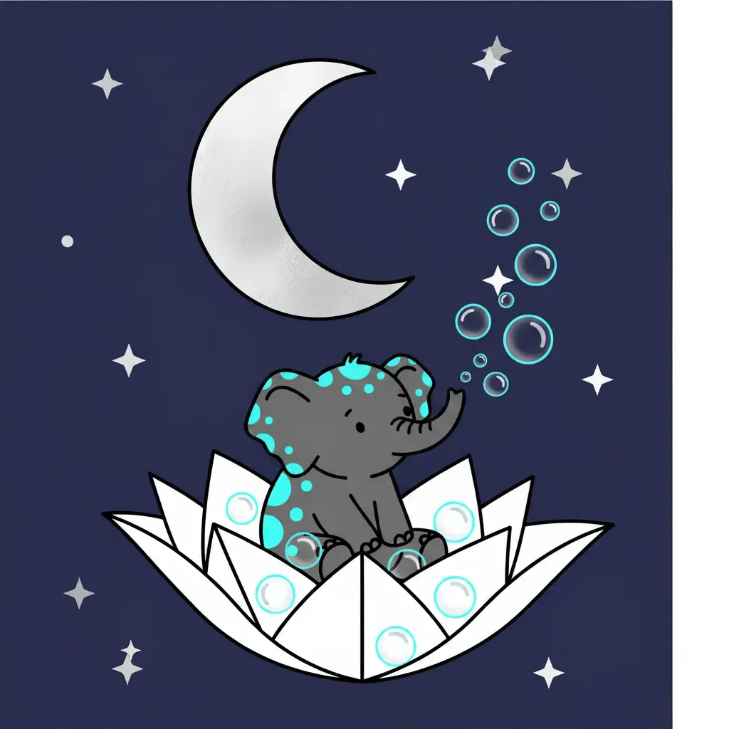 El elefante sopla burbujas dentro de una gran flor blanca de papel.