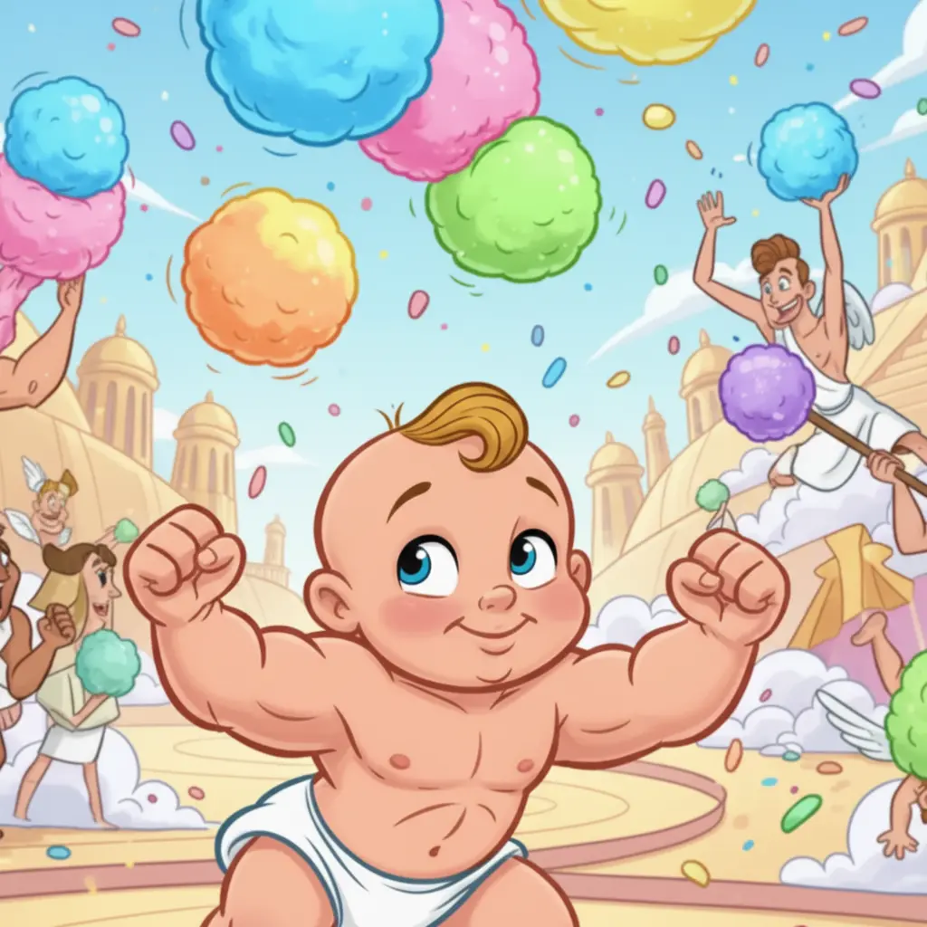 El pequeño Hércules con sus manos fuertes mira las nubes suaves en el Olimpo.