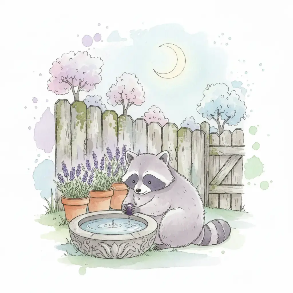 Un mapache completo y feliz lava su fruta en el cuenco bajo la luna.