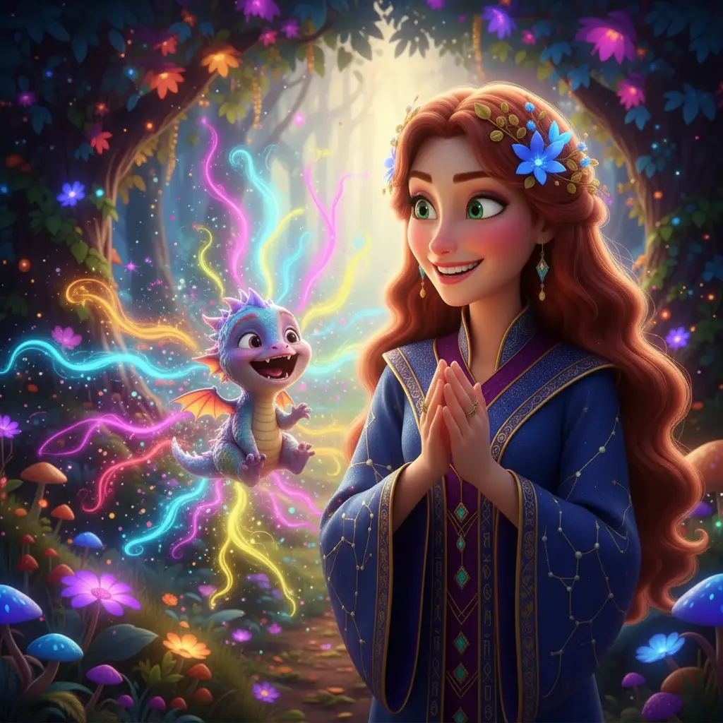 La criatura ríe y con cada risa, el bosque se pinta de colores nuevos y brillantes.