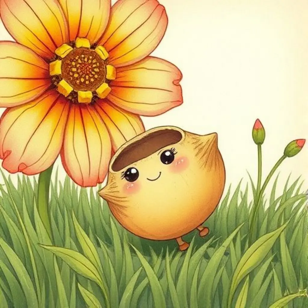 Cascarita Solar, la cáscara de nuez, rueda con cuidado por la hierba, pasando una flor.