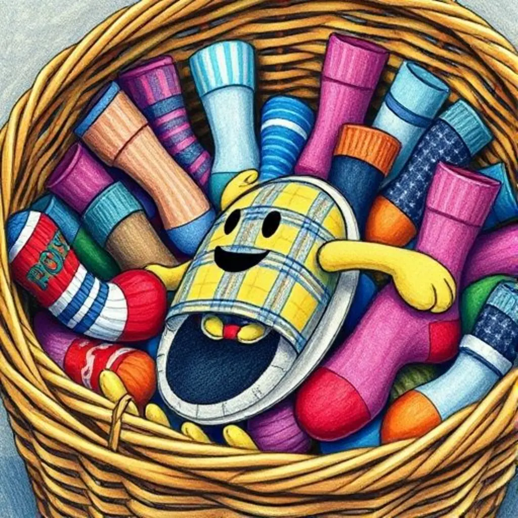 Botón Cuadros en la cesta de la ropa con calcetines desparejados.