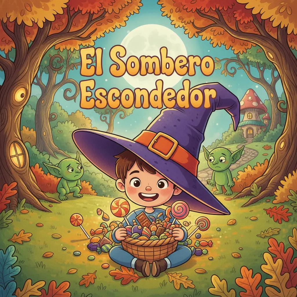 El niño feliz se pone el Sombrero Escondedor, que ahora es su amigo y protector de dulces.