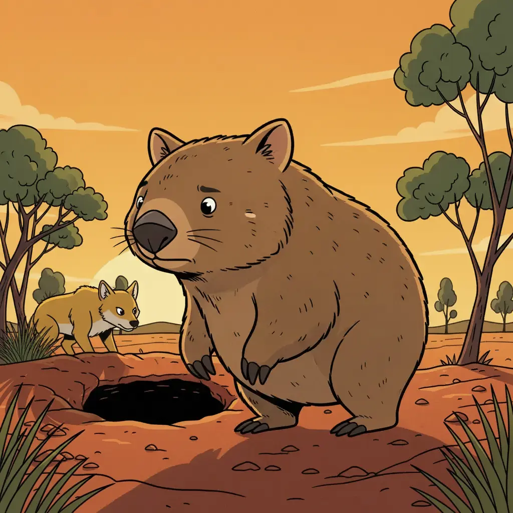 Un dingo acechando a un vombato entre las sombras de la sabana.