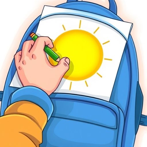 Una niña dibuja un sol feliz mientras Chispita brilla.