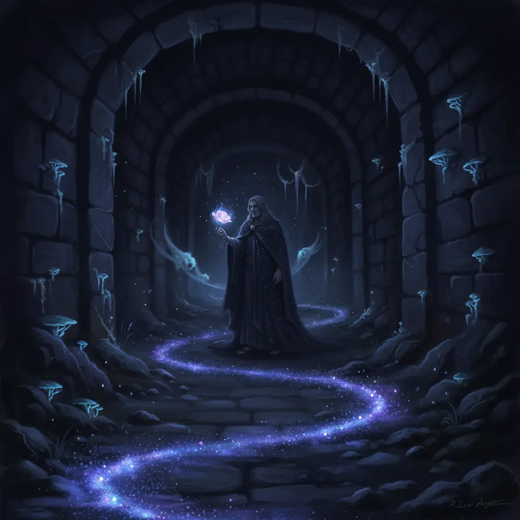 Hades sigue el rastro luminoso dentro del túnel, oyendo ecos de canciones y risas suaves.