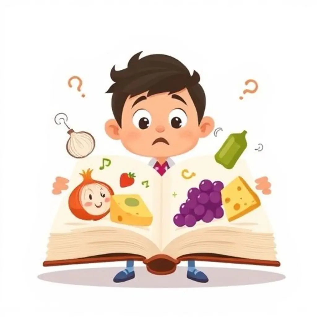 Libro Cocinero observa con curiosidad a muchos ingredientes dibujados tratando de bailar juntos.