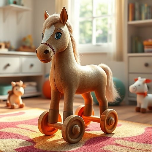 Galope, el caballito de juguete, aburrido en la habitación de un niño.