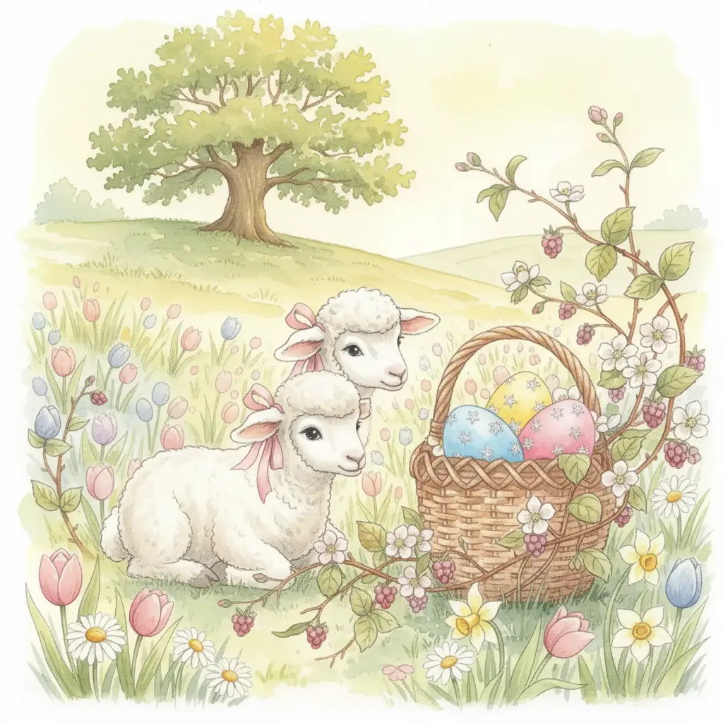 La ovejita descansa feliz en la hierba junto a la cesta llena de huevos de Pascua decorados.